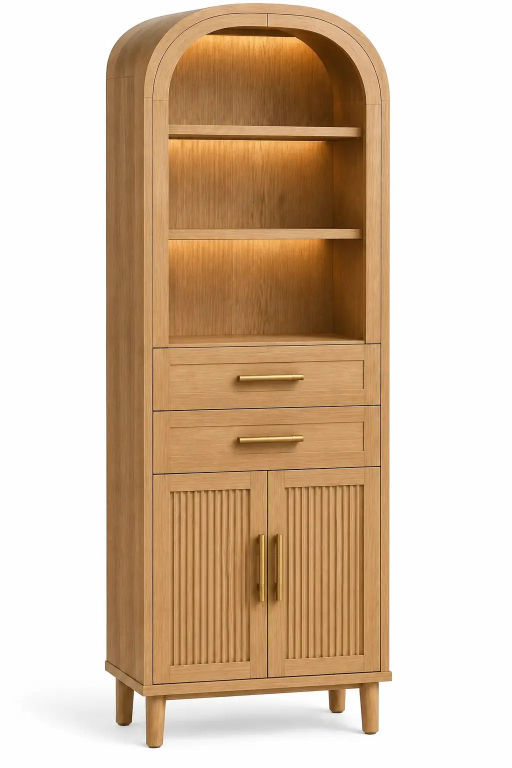 Estantería con almacenamiento con formas arqueadas y detalles de líneas verticales, marrón