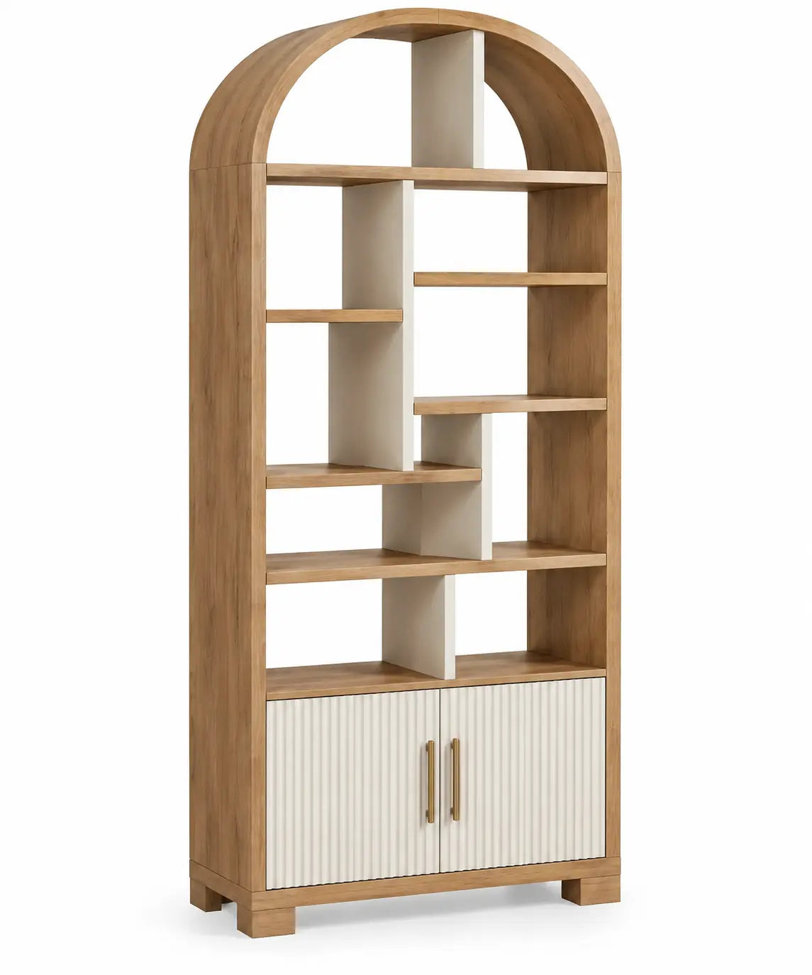 Estantería con almacenamiento con formas arqueadas y compartimentos abiertos, marrón y blanco
