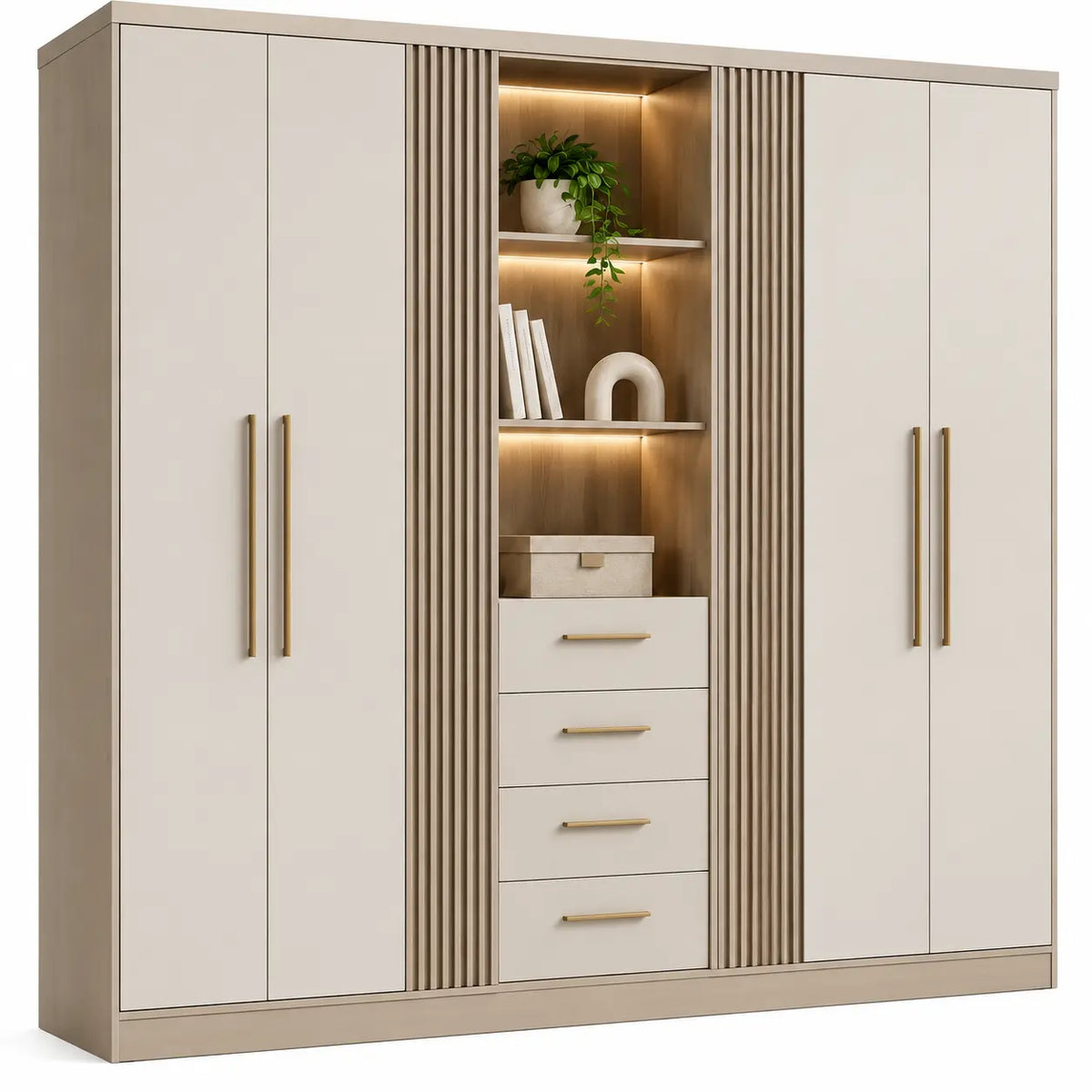 Armario de almacenamiento con detalles de líneas verticales y estantes, blanco y marrón