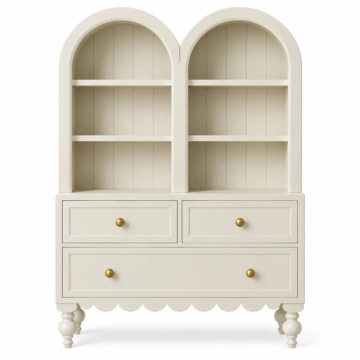 Estantería con almacenamiento con formas arqueadas y cajones, blanco