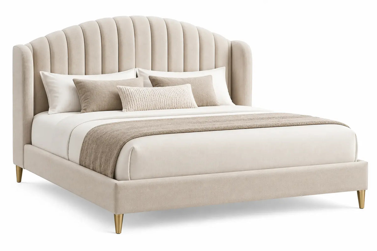 Estructura de cama con cabecero de contorno redondeado, beige