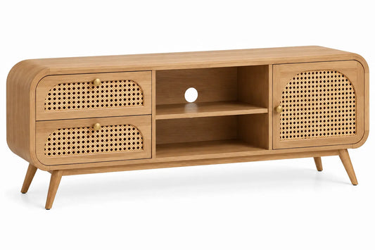 Mueble bajo para televisión con detalles de entramado y estantes, marrón - roundtablehaven