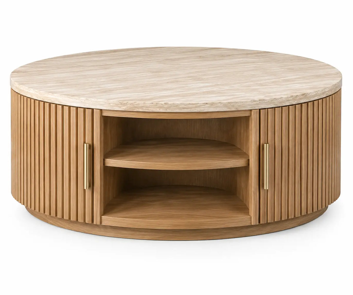 Mesa de centro de contorno redondeado, beige y marrón - roundtablehaven