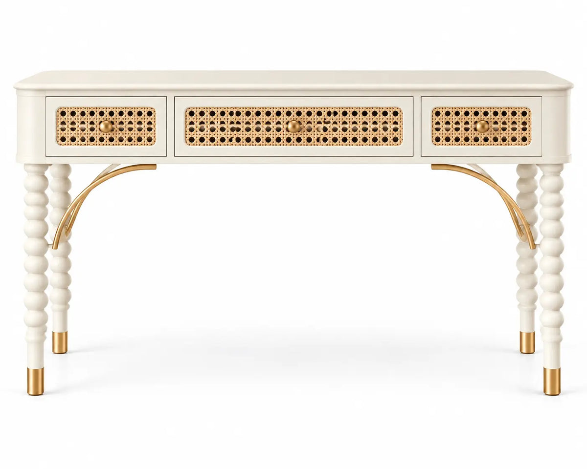 Consola de recibidor con detalles de entramado y estantes, blanco y marrón